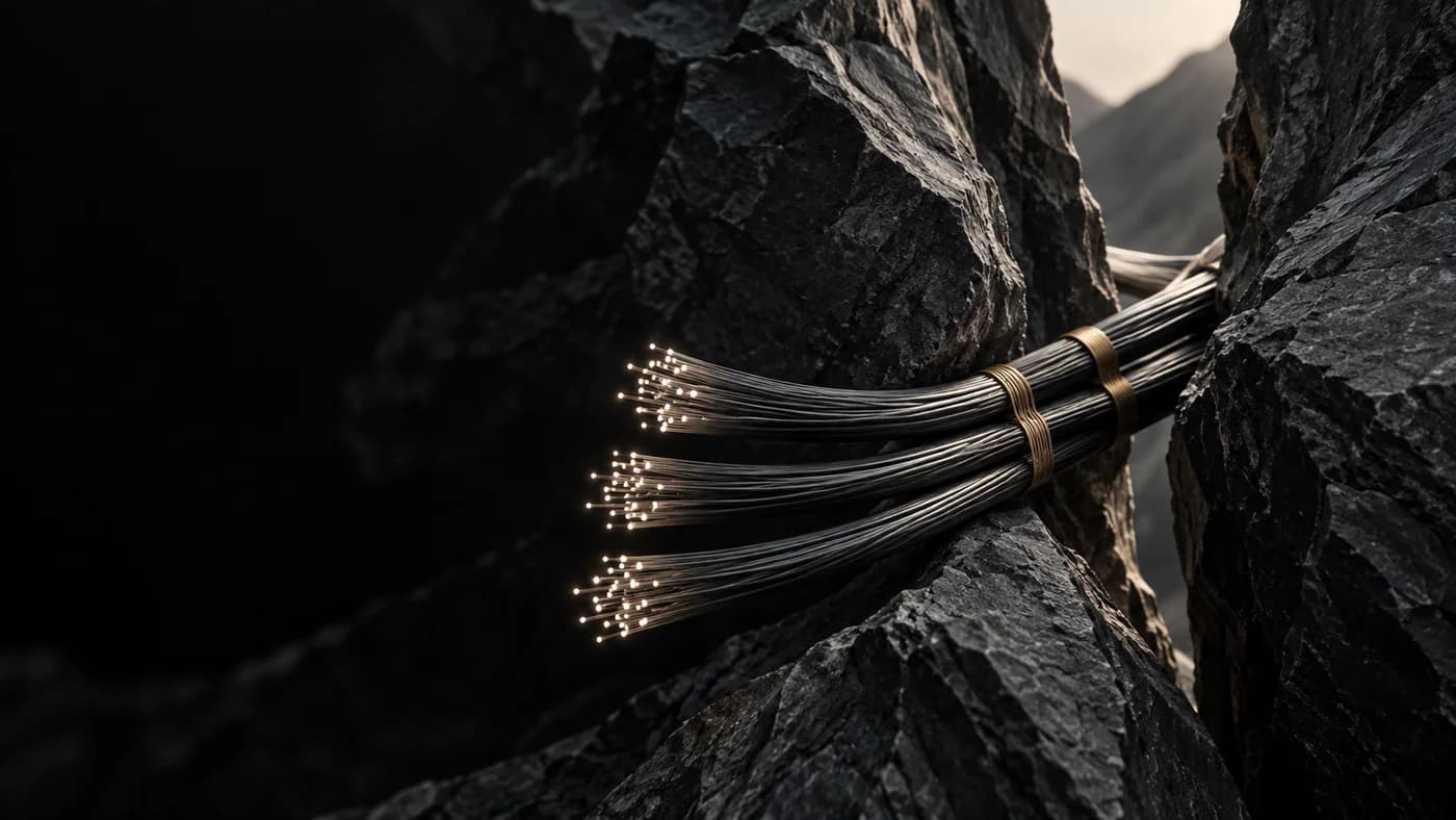 Conceptual illustration of illuminated cables bridging two dark rock faces