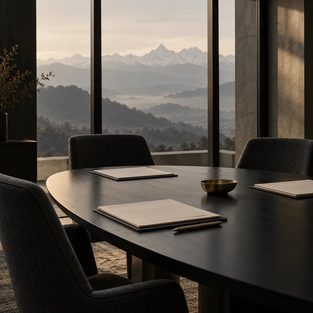 Conceptual diplomatic meeting room overlooking a Himalayan landscape
